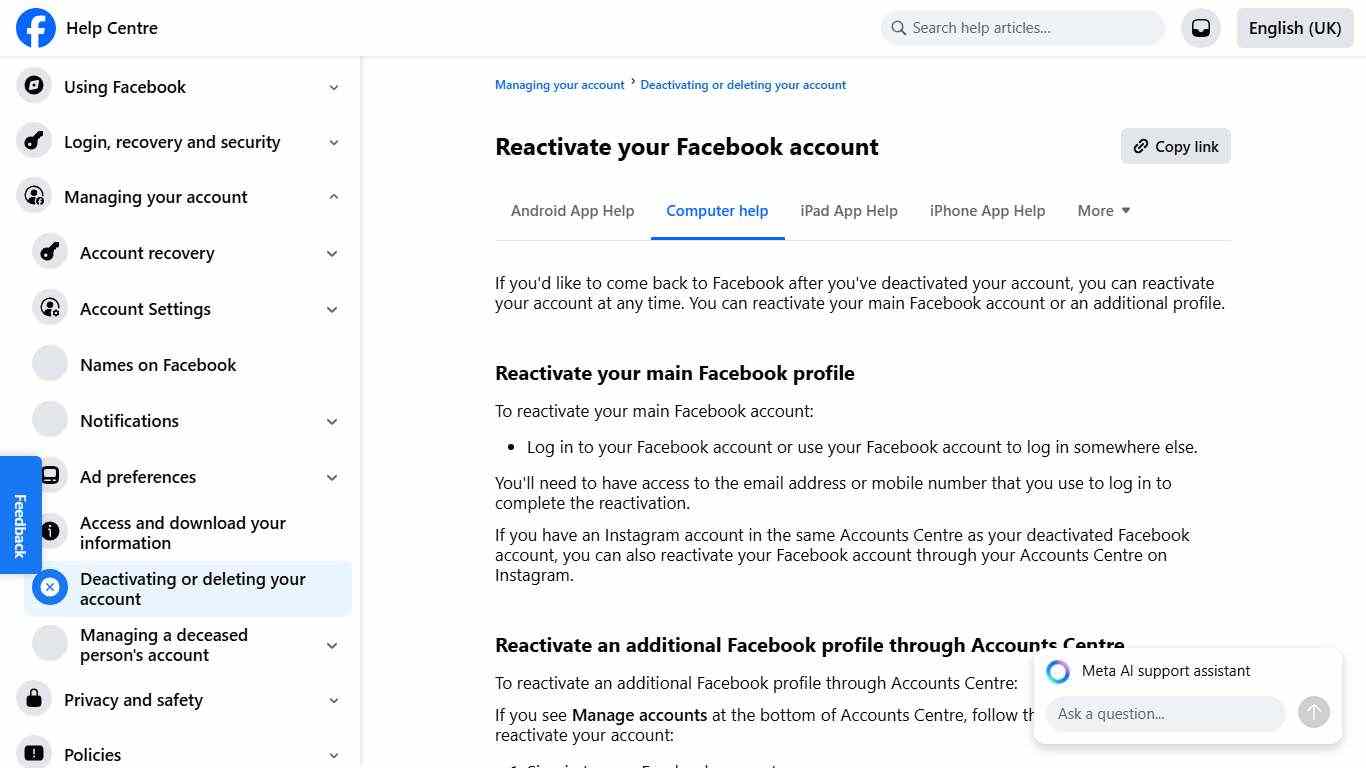 Reactivate your Facebook account Facebook Help Centre