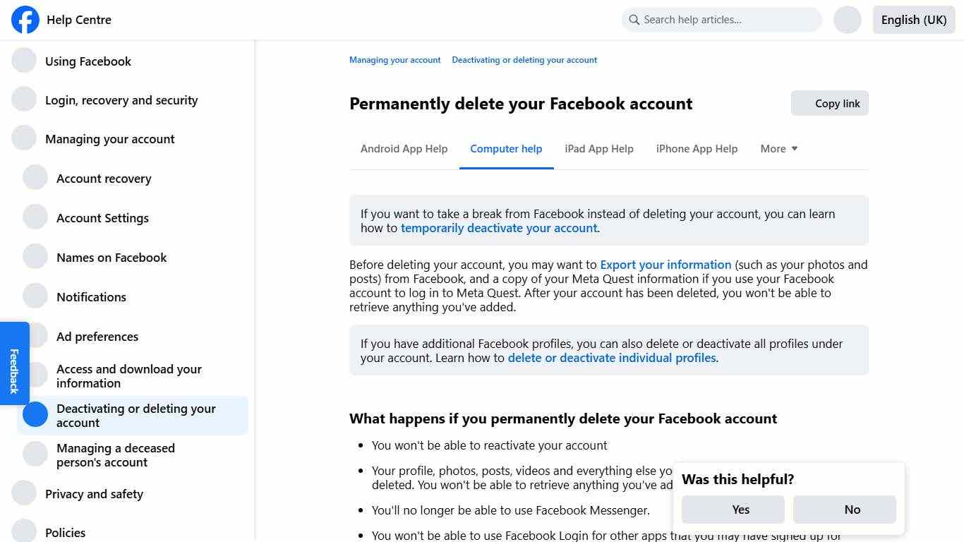 Permanently delete your Facebook account Facebook Help Centre